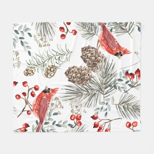 クリスマスの縫い目のないパターン、(鳥)ショウジョウコウカンチョウ鳥、赤いビー フリースブランケット (正面(横))