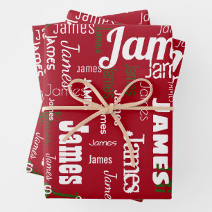 クリスマスの繰り返し名Red White Green Gift ラッピングペーパーシート