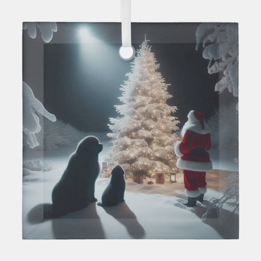 クリスマスの美しいとNewfsとSanta ガラスオーナメント (正面)