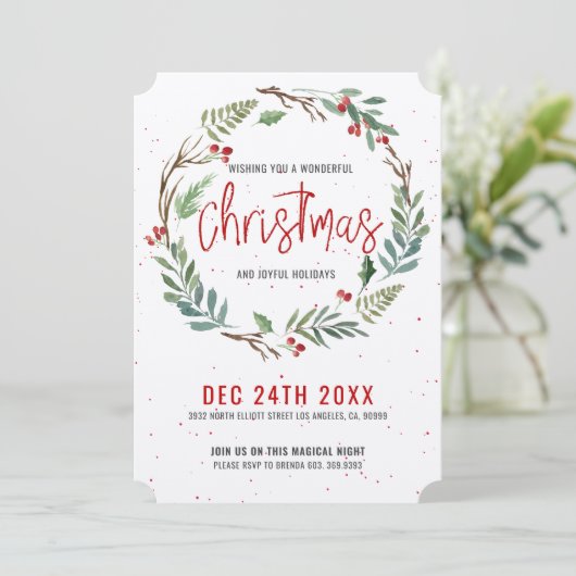 クリスマスの群葉のリースの手書きのタイポグラフィ シーズンカード (スタンド正面)