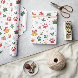クリスマスの肉球のスタンプとギフトの包装紙 ラッピングペーパー