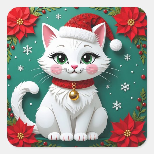 クリスマスの背景が付いた白いお祭り猫 スクエアシール (正面)
