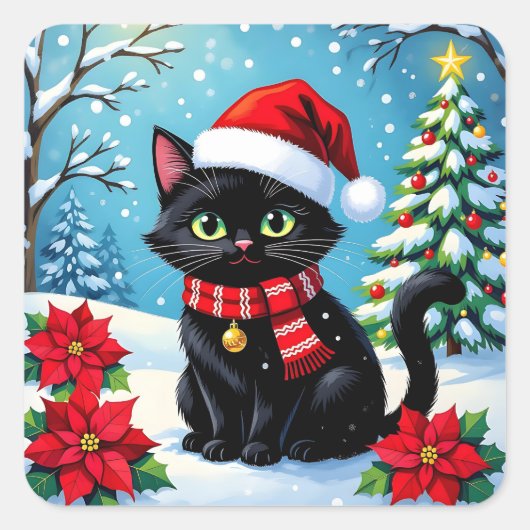 クリスマスの背景の黒いお祭り猫 スクエアシール (正面)