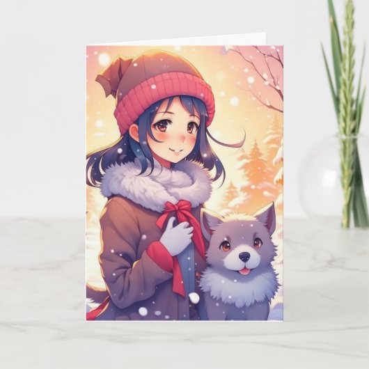 クリスマスの背景を持つアニメの少女と犬 カード (正面)