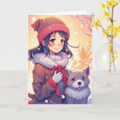 クリスマスの背景を持つアニメの少女と犬 カード (黄色い花)