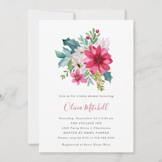 クリスマスの花およびヒイラギの果実|のベビーシャワー 招待状 (正面)