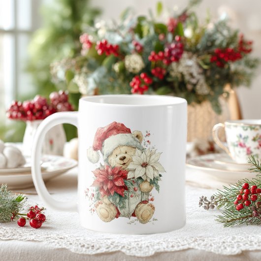 クリスマスの花とテディベアのサンタクロース コーヒーマグカップ