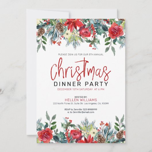 クリスマスの花と冬の葉のフレーム 招待状 (正面)