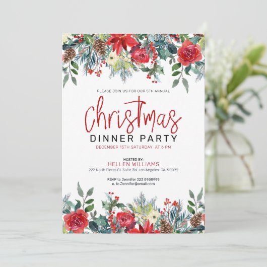 クリスマスの花と冬の葉のフレーム 招待状 (スタンド正面)