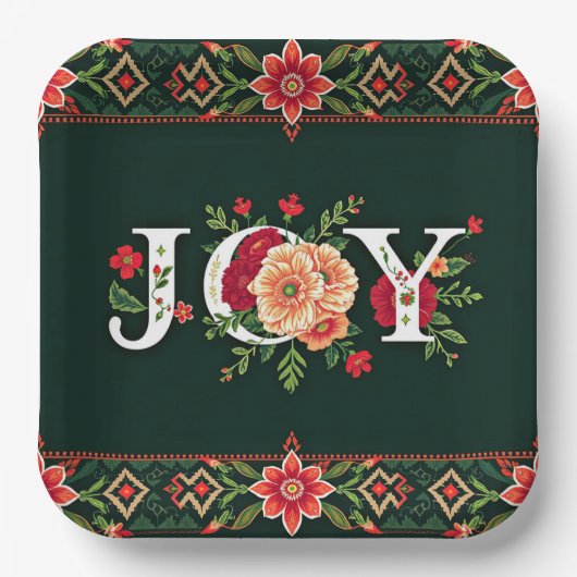 クリスマスの花のボーダーでJOY ペーパープレート (正面)