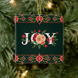 クリスマスの花のボーダーにJOY セラミックオーナメント