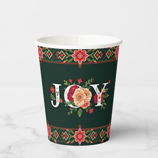 クリスマスの花のボーダーにJOY 紙コップ (左)