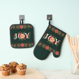 クリスマスの花のボーダーにJOY 鍋つかみ&鍋敷きセット
