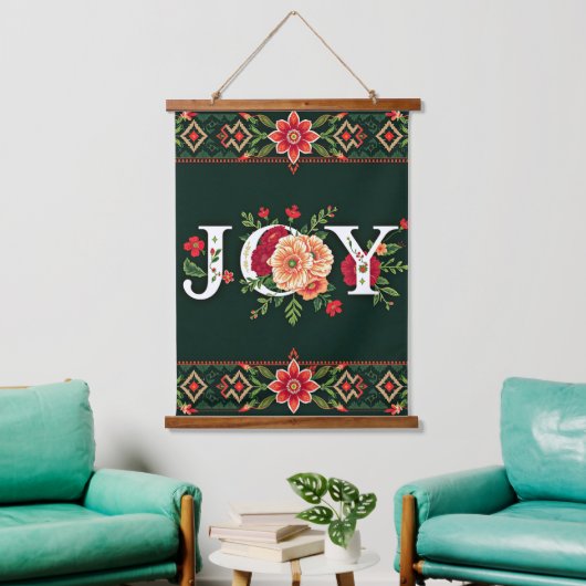クリスマスの花のボーダー JOY 吊り下げ型タペストリー (リビング)