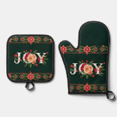 クリスマスの花のボーダー JOY 鍋つかみ&鍋敷きセット (正面)