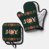 クリスマスの花のボーダー JOY 鍋つかみ&鍋敷きセット (正面/裏面)