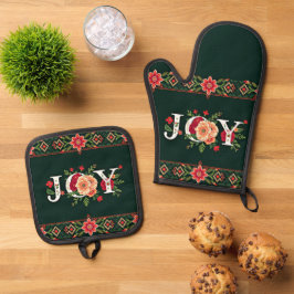 クリスマスの花のボーダー JOY 鍋つかみ&鍋敷きセット