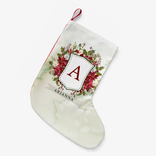 クリスマスの花の水彩画の頂上|のモノグラム スモールクリスマスストッキング (正面 (吊り時))