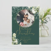 クリスマスの花の雪のゴールドとグリーンの写真 シーズンカード (スタンド正面)