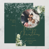 クリスマスの花の雪のゴールドとグリーンの写真 シーズンカード (正面/裏面)