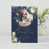 クリスマスの花の雪のゴールドとブルーの写真 シーズンカード (スタンド正面)