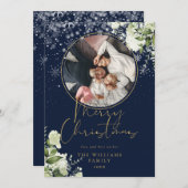 クリスマスの花の雪のゴールドとブルーの写真 シーズンカード (正面/裏面)