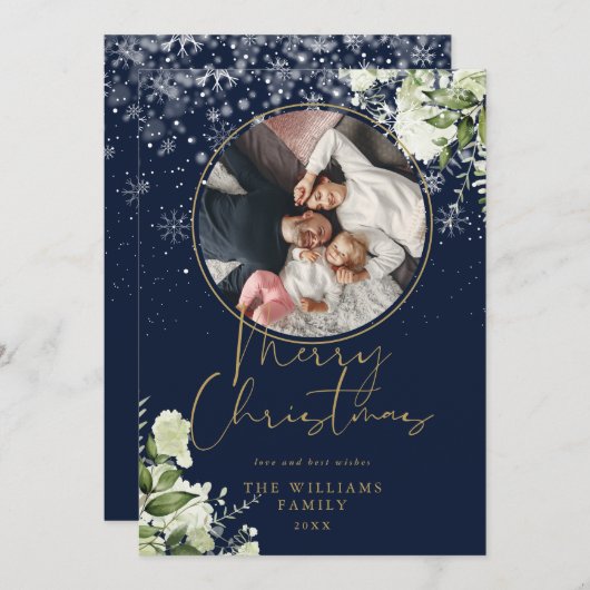 クリスマスの花の雪のゴールドとブルーの写真 シーズンカード (正面/裏面)