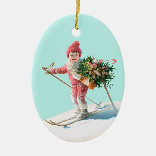 クリスマスの花束を届けるスキーのお子様 セラミックオーナメント (正面)