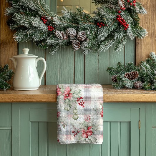 クリスマスの花柄 タータンチェック | キッチンタオル