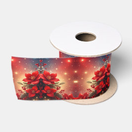 クリスマスの花模様のサテンリボン 赤 サテンリボン