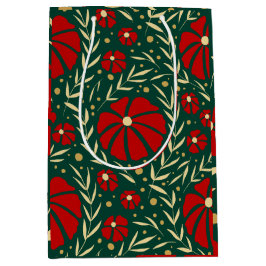クリスマスの花 フラワー レッド+グリーン 手描き ミディアムペーパーバッグ