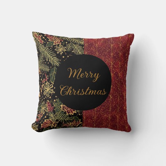 クリスマスの花 赤 金 黒 メリークリスマス クッション (正面)