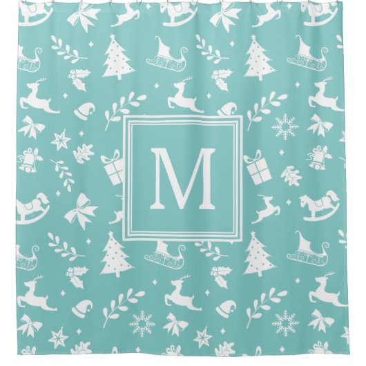 クリスマスの芸術の装飾の雪片の木のシカのモノグラム シャワーカーテン (正面)