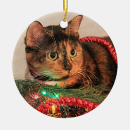 クリスマスの茶色のぶち猫のオーナメント セラミックオーナメント