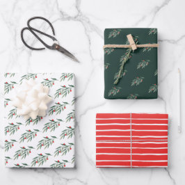 クリスマスの葉と実のグリーン ラッピングペーパーシート