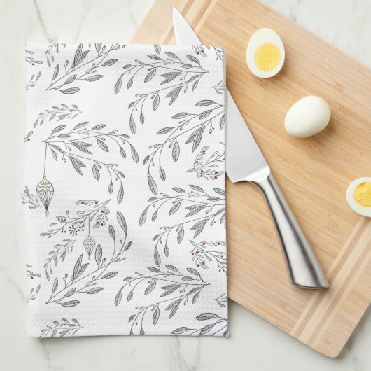 クリスマスの葉と果実 キッチンタオル (四つ折り)