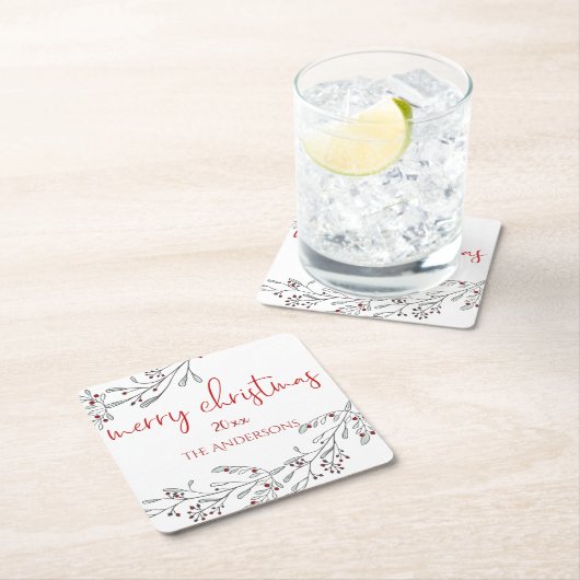 クリスマスの葉と果実 スクエアペーパーコースター (インサイチュ)