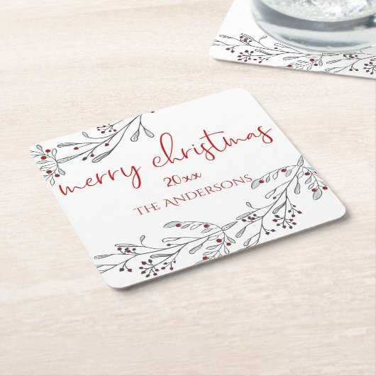 クリスマスの葉と果実 スクエアペーパーコースター (アングル)