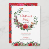 クリスマスの葉と赤のバラの花束&赤のロビン 招待状 (正面/裏面)
