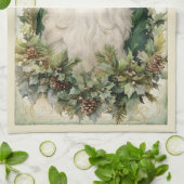 クリスマスの葉に囲まれたグリーンサンタクロース キッチンタオル (折り畳み)