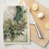 クリスマスの葉に囲まれたグリーンサンタクロース キッチンタオル (四つ折り)