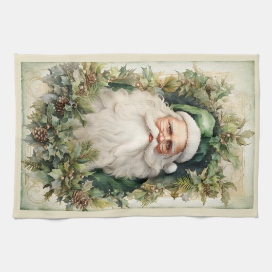 クリスマスの葉に囲まれたグリーンサンタクロース キッチンタオル (横)