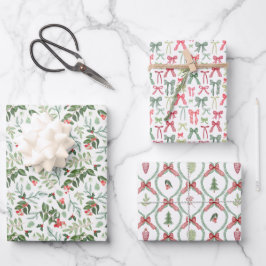 クリスマスの葉のトレリスと赤と緑の弓 ラッピングペーパーシート