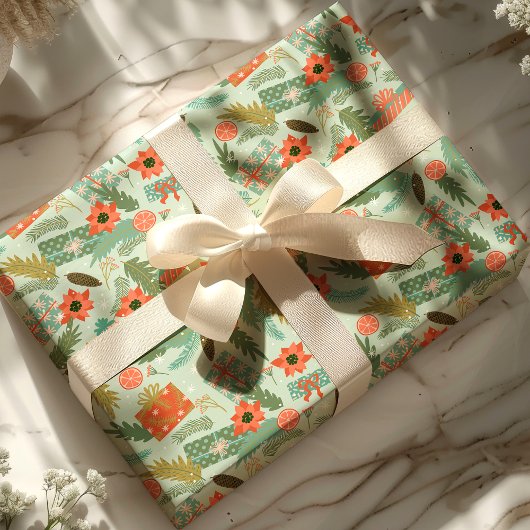 クリスマスの葉ポインセチア・ミント植物学 ラッピングペーパー