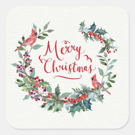 クリスマスの葉飾り、ホリー、カージナル鳥 スクエアシール (正面)