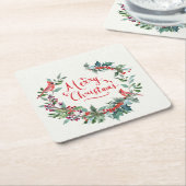 クリスマスの葉、柊、（鳥）ショウジョウコウカンチョウ スクエアペーパーコースター (アングル)