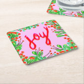 クリスマスの葉 – Joy スクエアペーパーコースター (アングル)