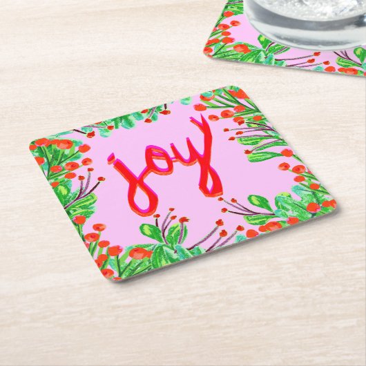 クリスマスの葉 – Joy スクエアペーパーコースター (アングル)