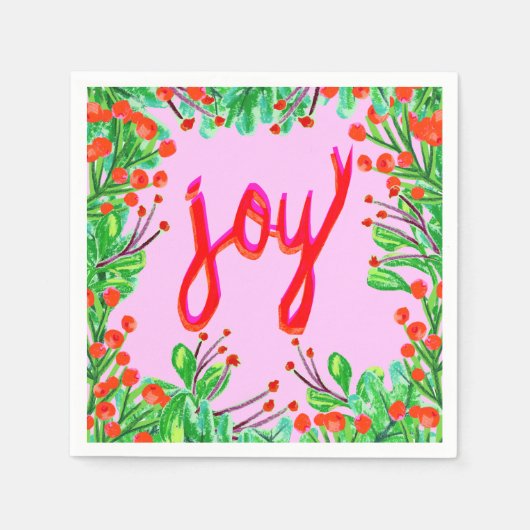 クリスマスの葉 – Joy スタンダードカクテルナプキン (正面)