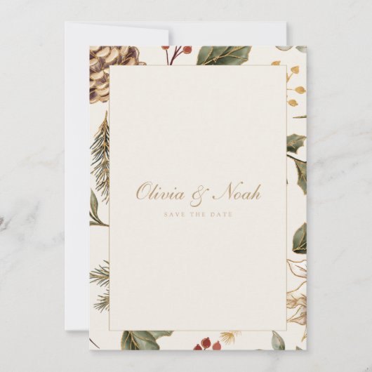 クリスマスの葉Pinecone日付カードを保存 案内状 (正面)